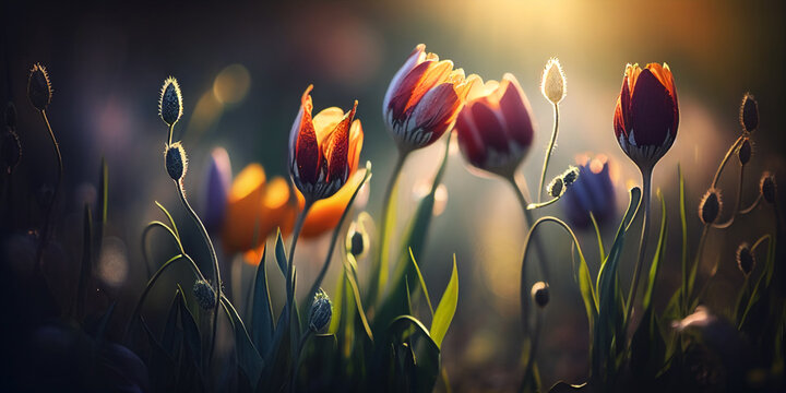 Tulips with sunny background. AI generated illustration