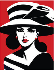 Stylish beautiful model for fashion design. Art deco graphic illustration. Portrait of pretty woman with striped hat. Elegant vector style.