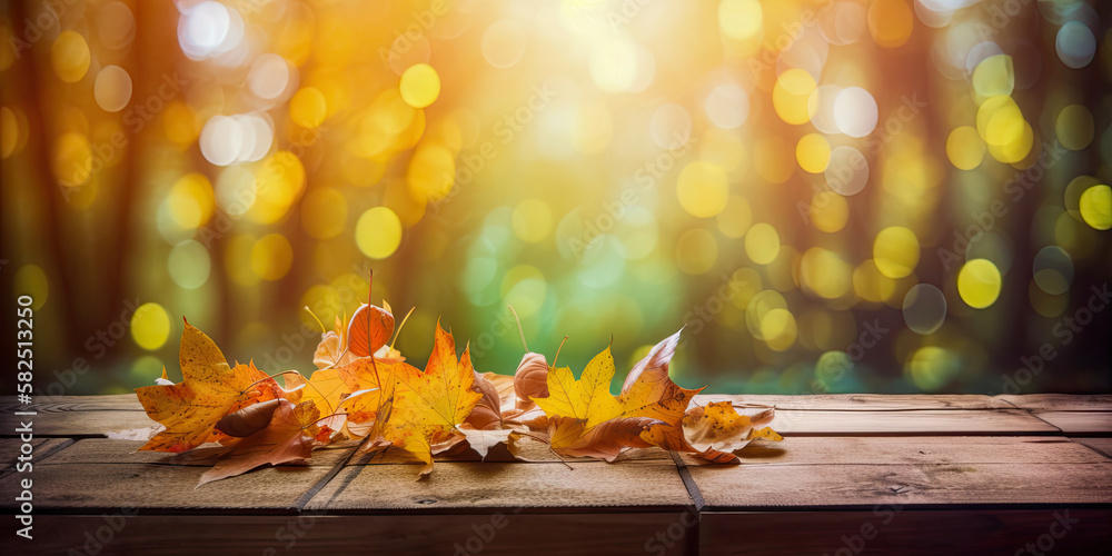 Wall mural autumn time. autumn leaves on wooden table in autumn garden with defocused bokeh lights and flare ef