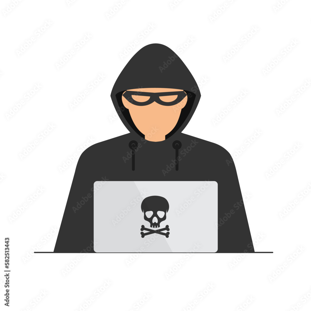 Poster hacker in black hood or cyber criminal at laptop. process of stealing user personal data. internet p