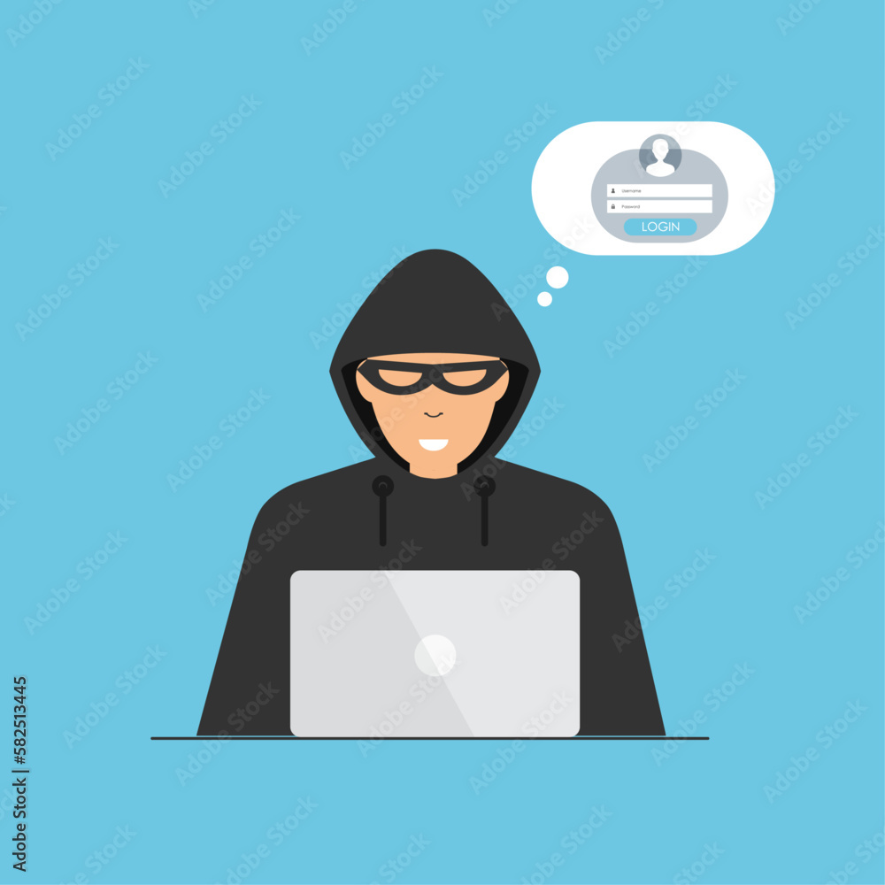 Poster hacker in black hood sitting at the desktop. cyber criminal hacking user login. process of stealing 