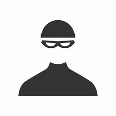 Thief with cap black icon. Criminal logo. Vector illustration in a flat trendy style. Vector illustration isolated on white background.	