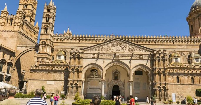 Palermo cathedral in time lapse - gothic church in Sicily - baroque style dome in italy - duomo of Palermo - italian culture in Palermo - landscape of palermo medieval street