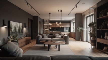 Fototapeta premium Stylish, modern, and clean living room interior design concept, Generative AI