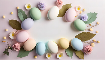 Fototapeta na wymiar Easter festivity eggs on white table. Floral frame. Spring holiday. Free space for text.