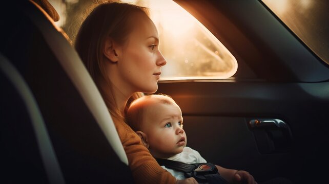 parent and boy in car safety seat looking through the window, Generative AI