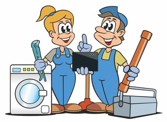 Installateur und Installateurin mit Waschmaschine, Rohrzange und Rohr im Comic-Stil