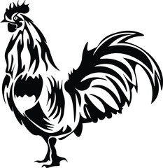 Black and White Cartoon Illustration Vector of a Rooster Chicken