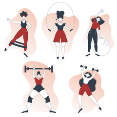 Set of cute girls doing fitness workout. Fitness, Sport center, Healthy lifestyle, Workout concept. Women training. Vector illustration for poster, banner, website, placard, flyer. 