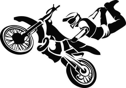 Black and White Cartoon Illustration Vector of a Motorbike Jump Stunt