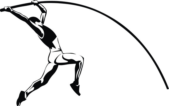 Black and White Cartoon Illustration Vector of Man Pole Vaulting 