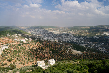 Fototapeta na wymiar Ajloun Cityscape or Townscape in Jordan Birds Eye View between Hills with Olive Trees