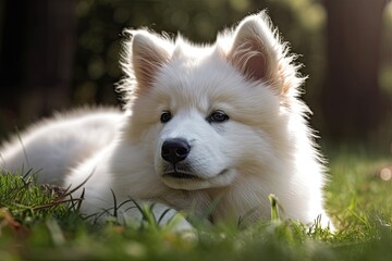 Obraz premium A Samoyed puppy, all white and fluffy, is lying on the grass and is looking up. Generative AI
