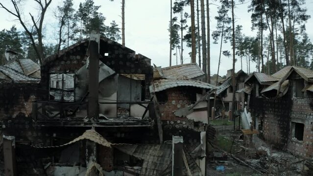 Destroyed residential buildings. The war in Ukraine with Russia. The results of aerial bombing. Cemetery of houses and multi-storey buildings. Act of terrorism. Bucha, Irpen, Kherson, Bakhmut, Solidar
