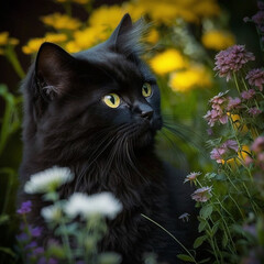 Portrait cute black cat, nature, flowers, generative AI