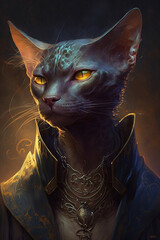 Portrait fantasy cat, blue clothing, silver jewelry, generative AI