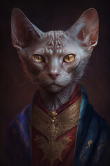 Portrait white fantasy cat, blue red gold clothing, jewelry, generative AI