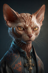 Portrait fantasy orange cat, blue clothing, cape, generative AI