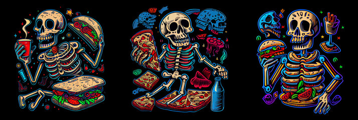 Happy skeleton eating fast food on black background. AI generative.
