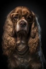 chien cocker portant des lunettes de soleil et des vêtements humain, illustration façon studio drôle et décalée, ia générative 1