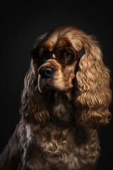 chien cocker portant des lunettes de soleil et des vêtements humain, illustration façon studio drôle et décalée, ia générative 2