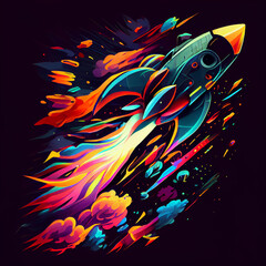 Surreal rocket in deep space with colorful smoke clouds. AI generative.