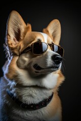 chien corgi portant des lunettes de soleil et des vêtements humain, illustration façon studio drôle et décalée, ia générative 2