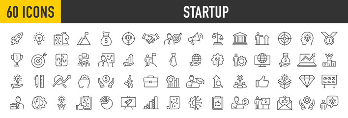 Fototapeta na wymiar Set of 60 Startup web icons in line style. Business, Creative, idea, marketing, target, developement, collection. Vector illustration.