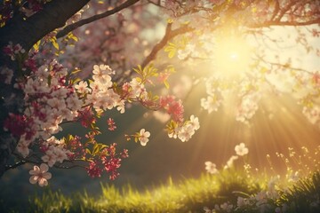 Obraz na płótnie Canvas Spring Blossom Branch in Sunset Light Generative AI