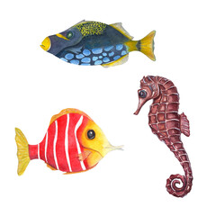 Watercolor illustration of a set of marine fauna isolated on white background. Seahorse, fishes in cartoon style. For kids room decor, kids print, poster, pattern, stickers, wallpaper, wrapping