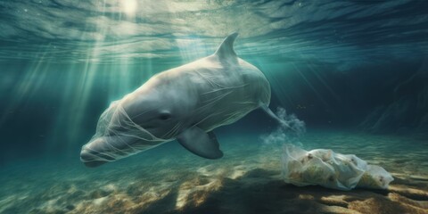 dolphin in the sea with plastic bag, generative ai