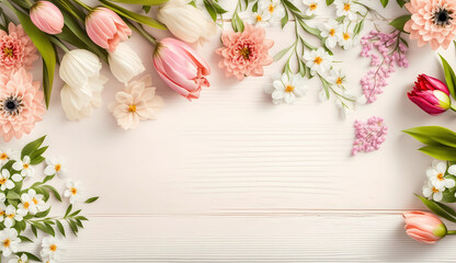 mothers day background with spring flowers on a white wooden table. Top view with copy space. Generative AI
