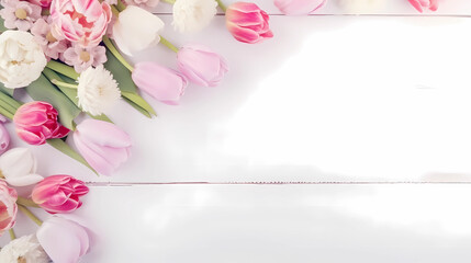 mothers day background with spring flowers on a white wooden table. Top view with copy space. Generative AI