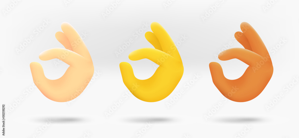 Poster different color human hands with ok gesture. 3d vector isolated on white background