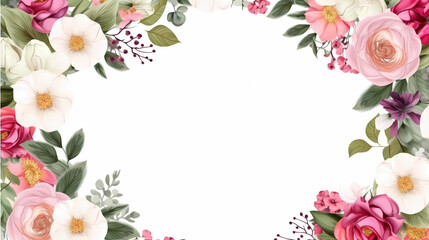 frame of spring flowers on a white background. top view with copy space. Generative AI