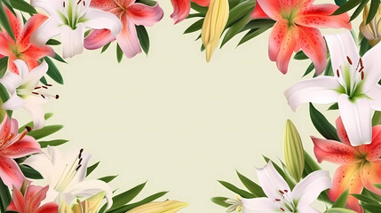Fototapeta na wymiar frame of lilies on a white background. top view with copy space. Generative AI