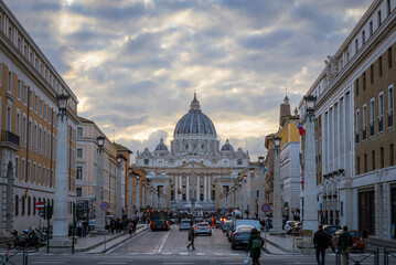 Rome, Italy - March 06 2023 - St. Peter's Basilica from Via della Conciliazione. Vatican City.
