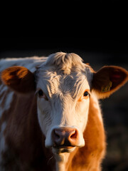 Telephoto portrait of a white and brown cow staring at the camera