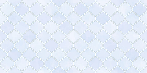 Moroccan Seamless Pattern. Arabic Mosaic Watercolor Ornament. Eid Mubarak Muslim Background. Ramadan Kareem Islamic Illustration. Turkish Mosque Window Shape.