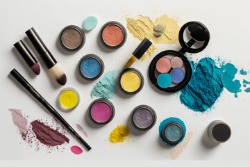 background with professional make-up products. Beauty industry accessories background,. AI generative image.