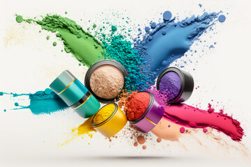 background with professional make-up products. Beauty industry accessories background,. AI generative image.