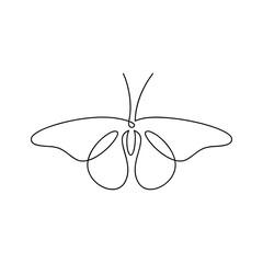 Line continuous butterfly drawing. Minimal vector  illustration. Hand drawn moth linear silhouette icon. Outline design element, print, banner, card, poster, brochure, logo, product packaging.
