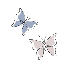 Beige and blue butterflies vector one line continuous drawing illustration. Hand drawn moth linear silhouette icon. Minimal design, print, banner, card, poster, brochure, logo, product packaging.