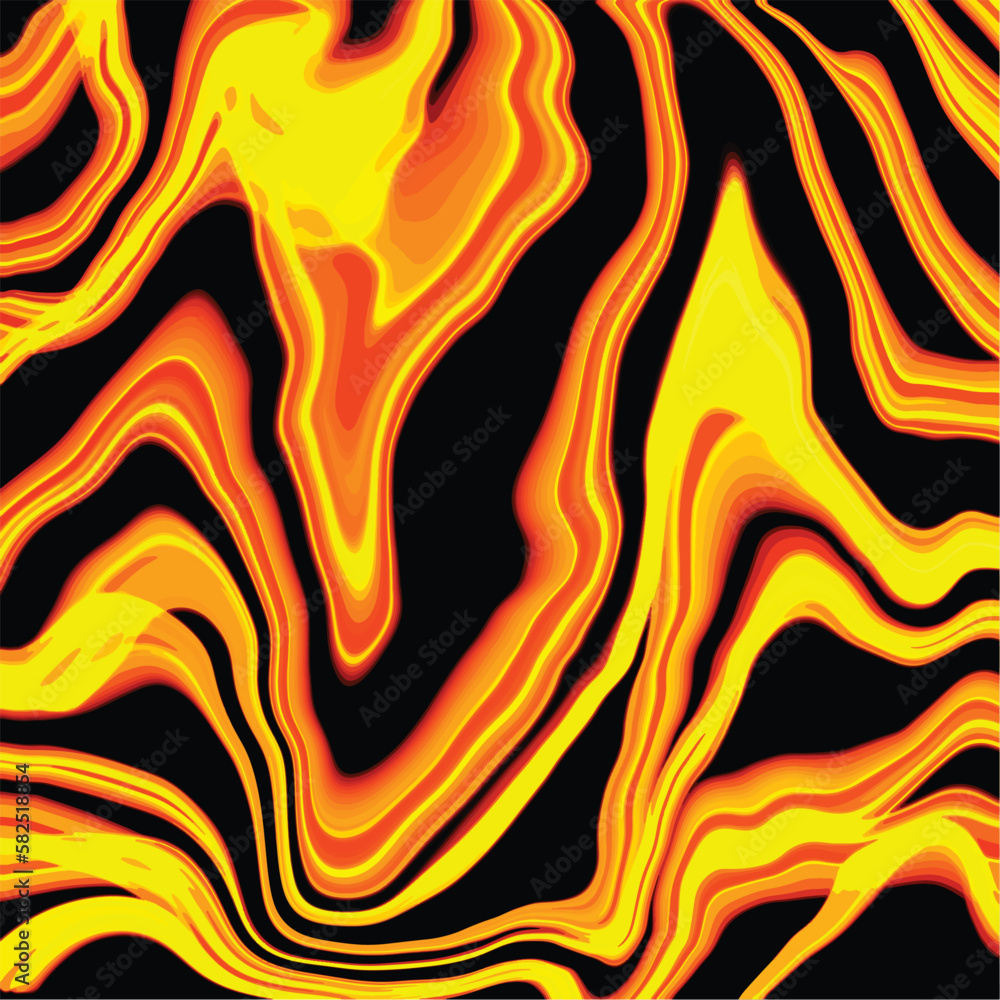 Poster a black and yellow flames fluid background with a pattern of stripes and lines.