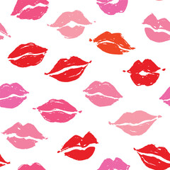 Fototapeta premium Seamless pattern with lips. Repeat design for textile and wrapping paper in pink and red colors with kissing lips. Vector illustration.