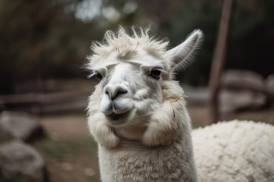 White lama outside in the zoo. A cute animal picture. Generative AI