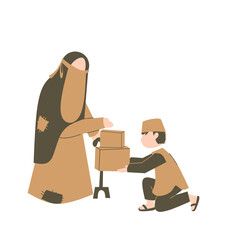 Muslim giving donation to poor people, lets pay zakat, ramadan illustration, donation illustration, giving donation to beggars