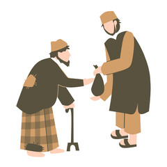 Muslim giving donation to poor people, lets pay zakat, ramadan illustration, donation illustration, giving donation to beggars