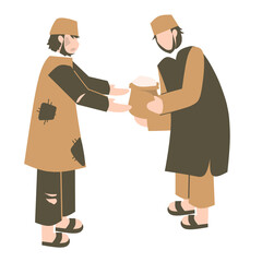 Fototapeta premium Muslim giving donation to poor people, lets pay zakat, ramadan illustration, donation illustration, giving donation to beggars