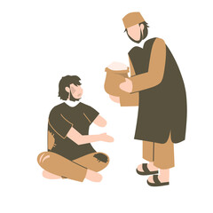 Muslim giving donation to poor people, lets pay zakat, ramadan illustration, donation illustration, giving donation to beggars